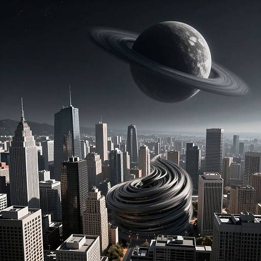 Digital artwork of a futuristic cityscape with a large, dark, ringed planet in the night sky, towering over swirling skyscrapers.