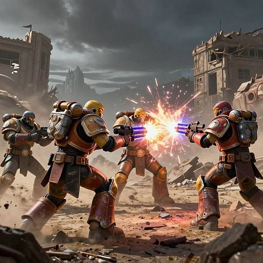 Digital artwork: Three armored soldiers in yellow and blue helmets fire blaster guns, with bright explosions, in a ruined, cloudy, dystopian cityscape