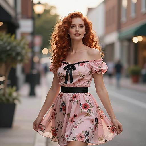 Redhead Woman in Pink Floral Dress on City Street