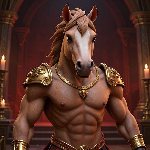 Digital CGI of a muscular, anthropomorphic horse warrior with brown fur, white face, and long mane, wearing ornate gold armor and a necklace,