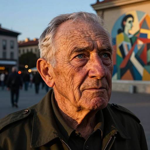 Photograph of an elderly man with wrinkled skin, white hair, and blue eyes, wearing a black jacket, standing outdoors with a colorful mural and