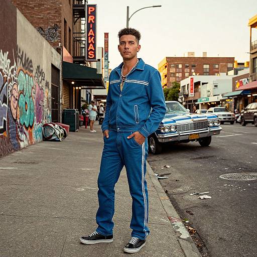 Photograph of a young man with short, spiked dark hair, wearing blue tracksuit with white stripes, standing on urban street, graffiti-covered wall,