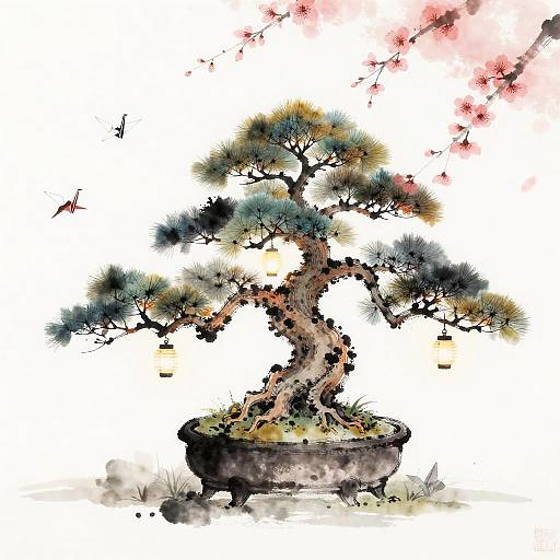 Sumi-e Style Sentient Bonsai with Lanterns