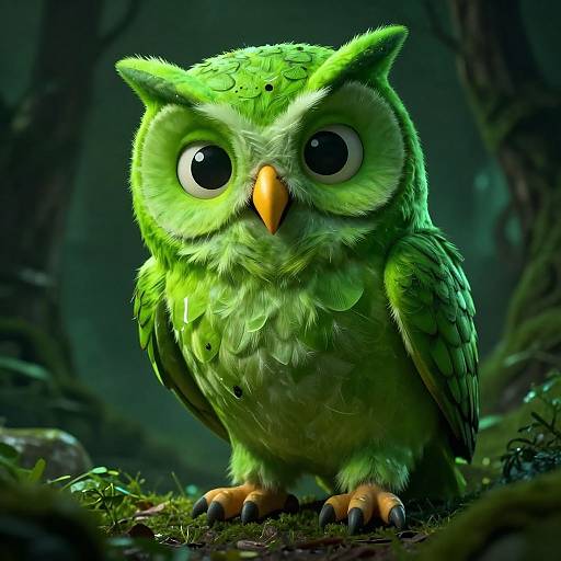 CGI digital art of a large, green owl with oversized eyes, yellow beak, and detailed feathers, standing in a dark, forested background