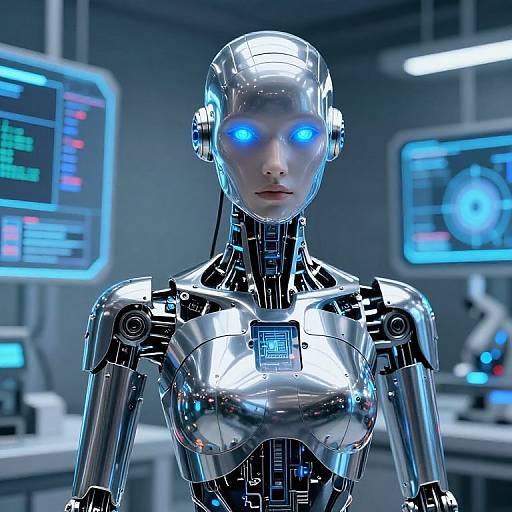 Photorealistic CGI of a silver, humanoid robot with glowing blue eyes in a futuristic control room, surrounded by illuminated screens.