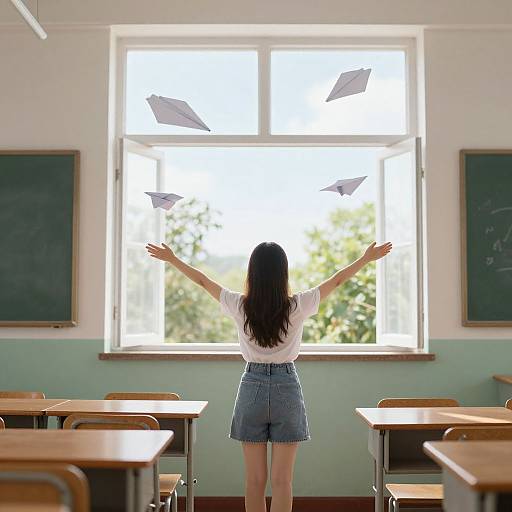 Photograph of a woman with long black hair, white shirt, and blue denim skirt, standing in a sunlit classroom with arms outstretched,