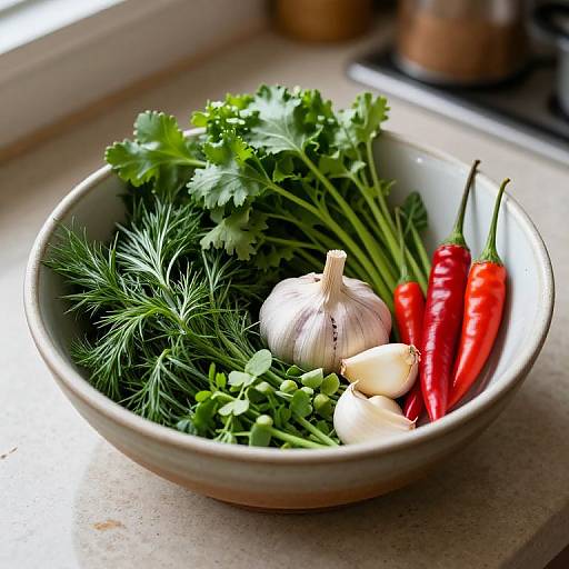 Photograph of a white bowl on a kitchen counter filled with fresh parsley, dill, garlic bulb, red chili peppers, and green onions.