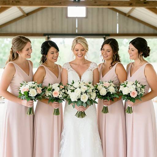 Photograph of five smiling bridesmaids in pink dresses and a blonde bride in a lace wedding dress, holding white and pink flower bouquets, standing under