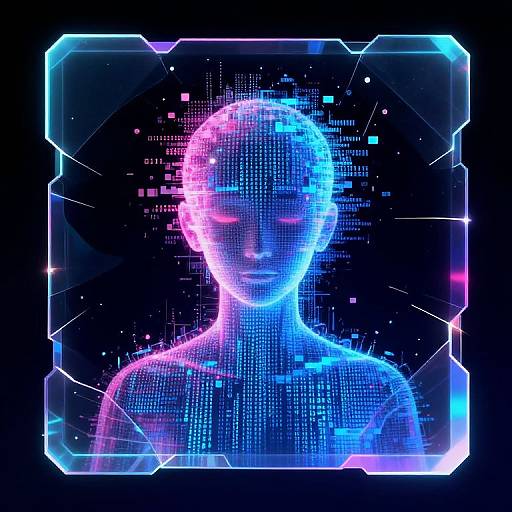 Neon digital portrait of a faceless figure in vibrant blue and pink LED light, framed by glowing geometric borders on a black background. Cyberpunk art