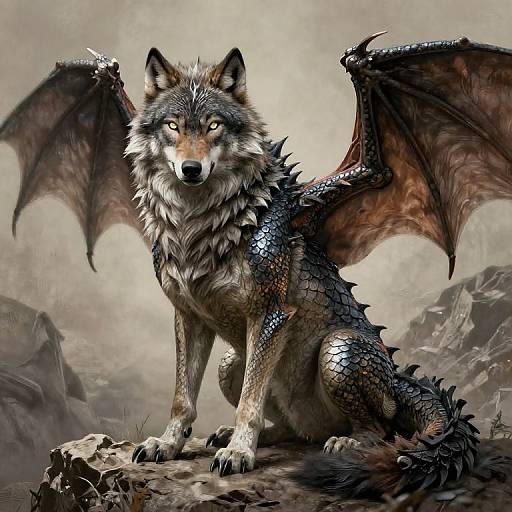Digital artwork of a fierce wolf-dragon hybrid with gray fur, yellow eyes, dark scales, and large, bat-like wings, sitting on rocky terrain