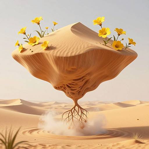 Digital artwork of a surreal desert scene with a sandstone formation floating above the ground, adorned with yellow flowers, with roots extending downward, set against a