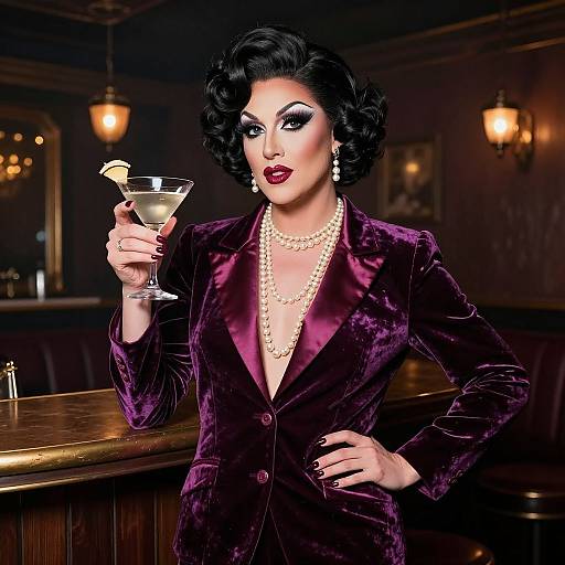 Glamorous woman with dark curly hair, deep red lipstick, and pearl necklace, in a purple velvet blazer, holding a martini in a