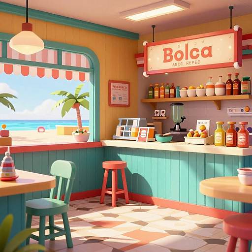 Vibrant, retro-style Bolita Café with turquoise wooden panels, red stools, and checkered floor. Sunlit window shows palm trees and ocean