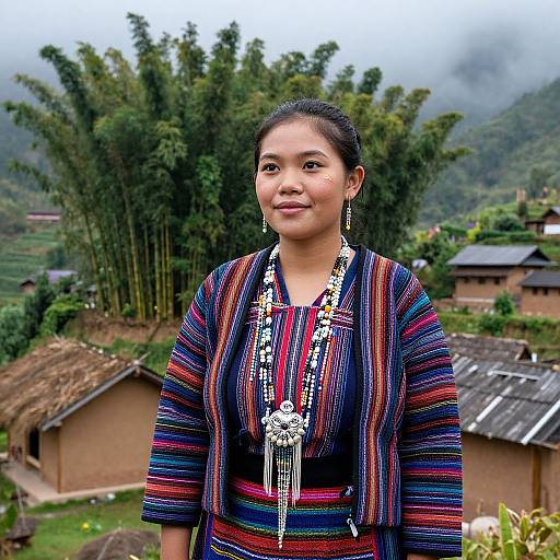 Photograph of a smiling Asian woman with dark hair in traditional, colorful striped clothing adorned with white beadwork, standing in a misty, rural village
