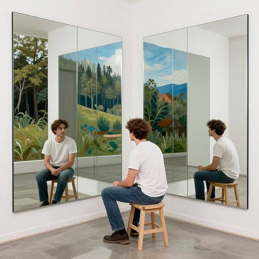 Photograph of a curly-haired man in a white t-shirt and blue jeans, sitting on a wooden stool, reflecting in a large mirrored wall, with