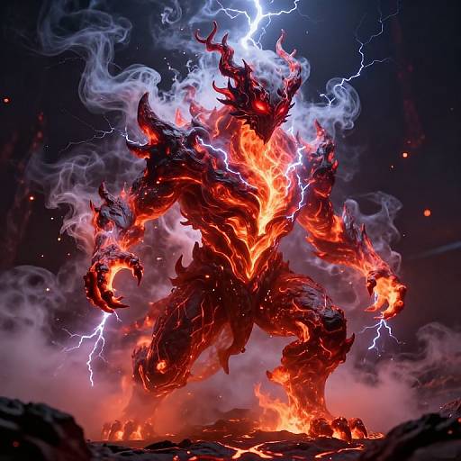 Digital art of a fiery, demonic creature with glowing red and black armor, surrounded by lightning, smoke, and flames against a dark sky.