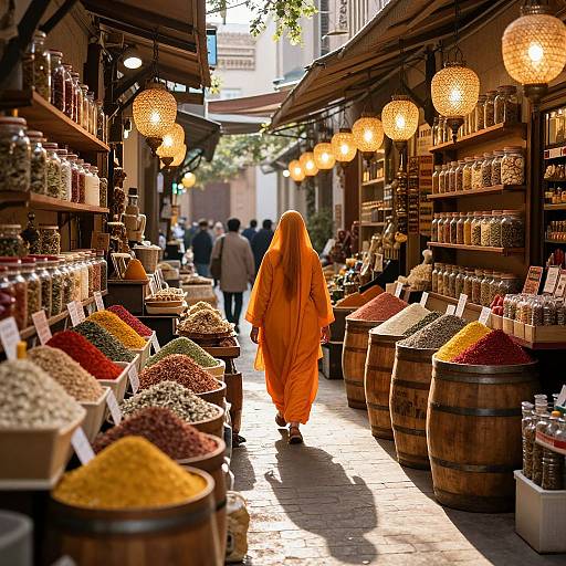 Sunlit Alleyway with Vibrant Spice Stalls
