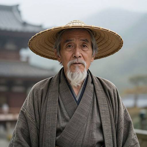 Photograph of an elderly Asian man with a white beard, wearing a large straw hat and brown kimono, standing outdoors in front of a traditional Japanese
