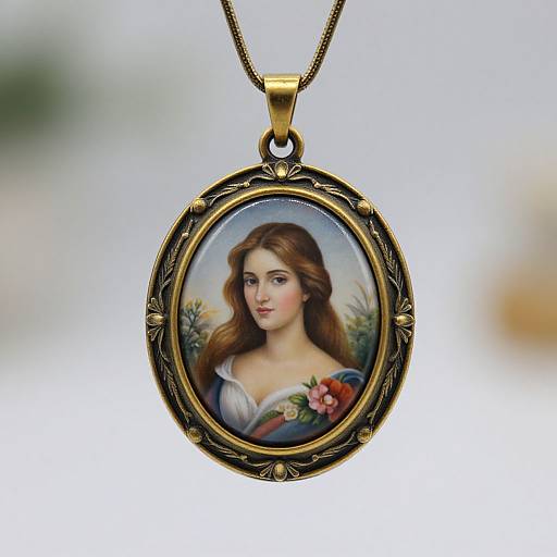 Digital painting of a young woman with long brown hair, wearing a blue dress with a white collar, surrounded by flowers, in an ornate gold oval