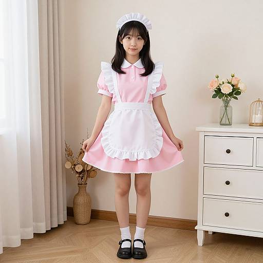 Photograph of an Asian woman in a pink and white maid outfit, black Mary Jane shoes, and white socks, standing in a bright, minimalist room