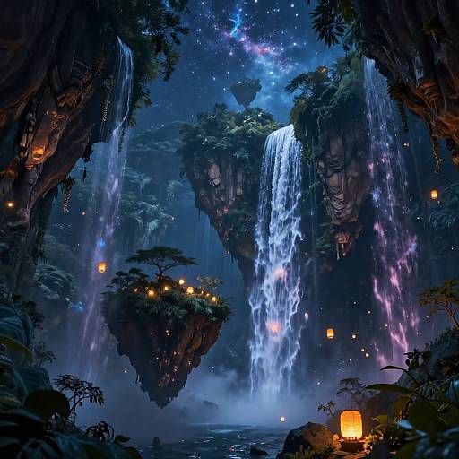 Fantasy digital painting of a moonlit, starry night jungle with floating islands, cascading waterfalls, glowing lanterns, and lush foliage.