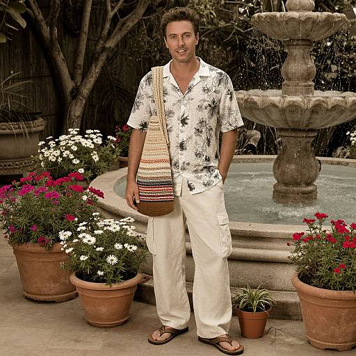 Photograph of a casually dressed man with short brown hair, wearing a white floral shirt, beige pants, and a colorful woven bag, standing in front