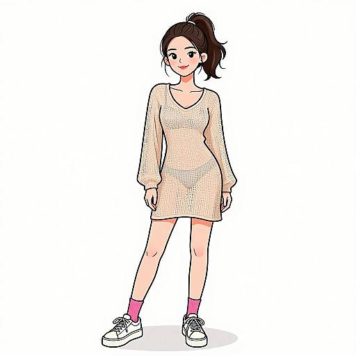 Digital anime-style illustration of a young woman with dark hair in a ponytail, wearing a sheer beige long-sleeve dress, pink socks, and