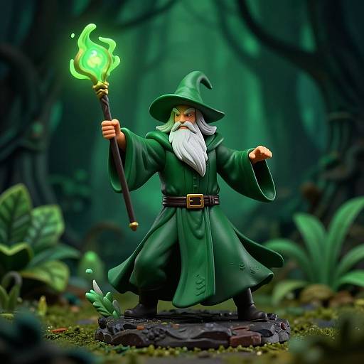 Dynamic Green Wizard Figurine Casting Spell