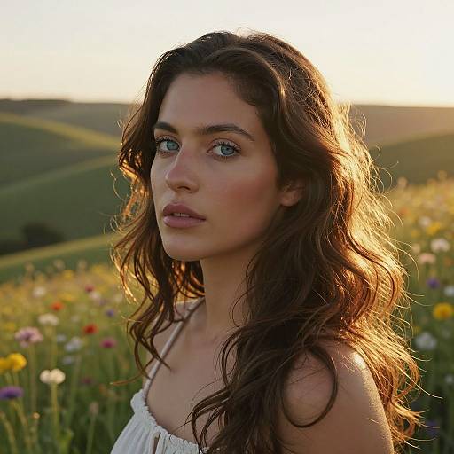 Photograph of a beautiful young woman with long, wavy brown hair, blue eyes, and fair skin, wearing a white off-shoulder top