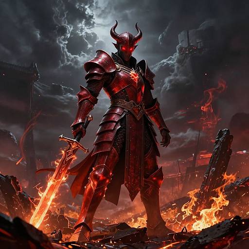Digital art of a red-armored demon warrior with glowing red eyes, holding a flaming sword, standing amidst fiery ruins under a stormy sky.