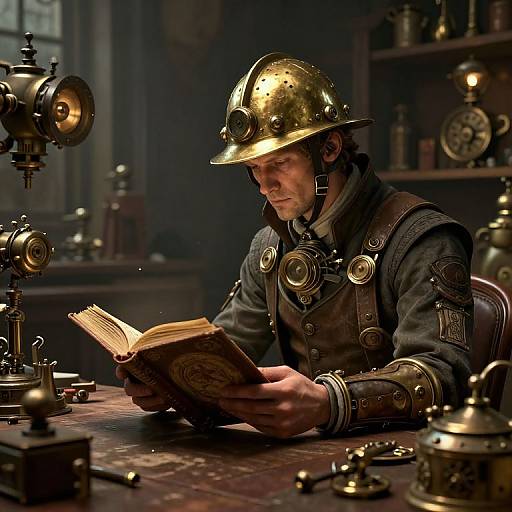 Steampunk soldier in brass helmet and dark uniform reads book at wooden table, surrounded by brass gadgets and clockwork devices.