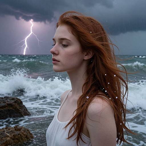 Photograph of a red-haired woman with fair skin, wearing a white tank top, standing by a stormy ocean with lightning in the dark sky.