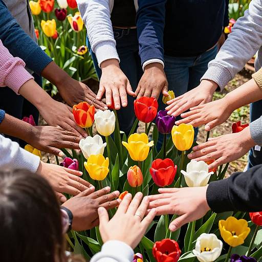 Photograph of diverse hands reaching towards colorful tulips (red, yellow, white, purple) in a garden, symbolizing unity and cooperation.