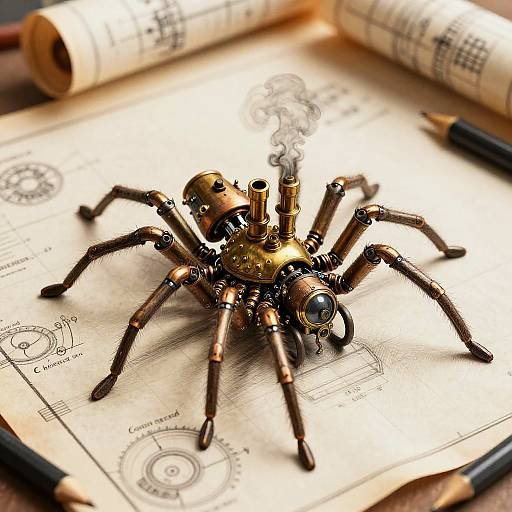 Steampunk metal spider with a smoking pipe and brass gears on vintage blueprint paper, surrounded by rolled maps and pens.