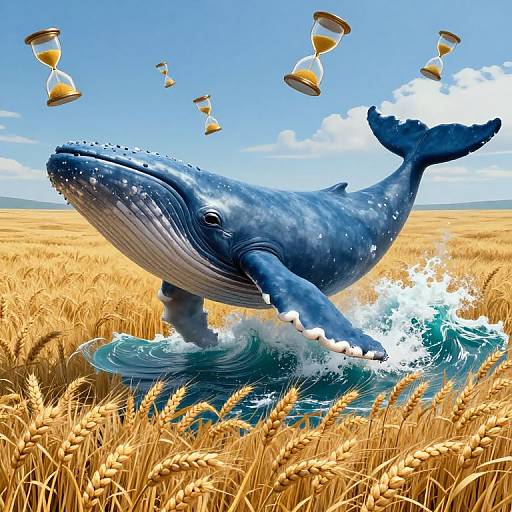 Digital illustration of a blue whale splashing in a golden wheat field, with floating hourglasses against a bright blue sky.