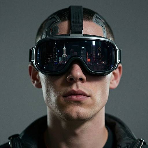 Photograph of a young man with short dark hair wearing black virtual reality headset, reflecting city lights, against a gray background.