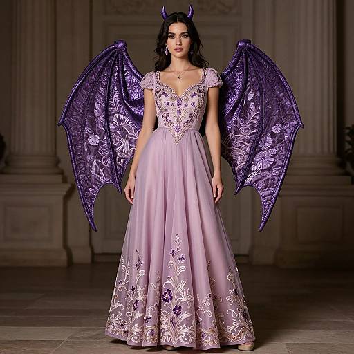 Photograph of a woman with purple dragon wings and horns, wearing a lavender, floral-embroidered ball gown, standing in an elegant, dim