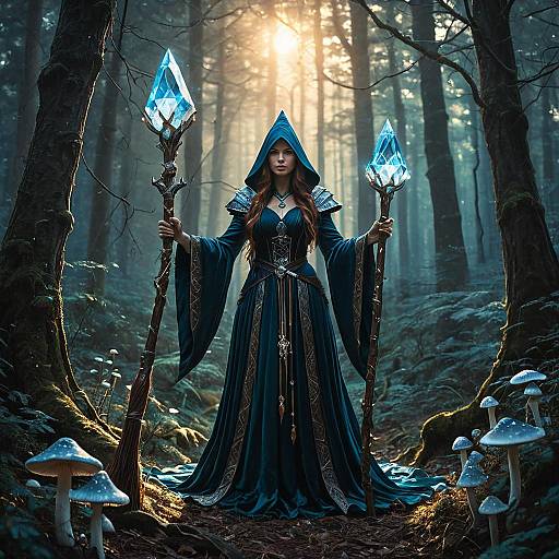 Fantasy Sorceress with Crystal Staffs in Mystic Forest