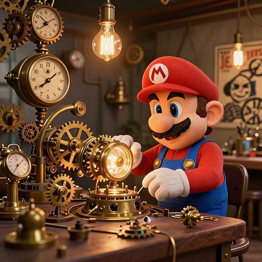 CGI image of Mario tinkering with intricate brass gears and clocks in a steampunk workshop, illuminated by glowing bulbs.