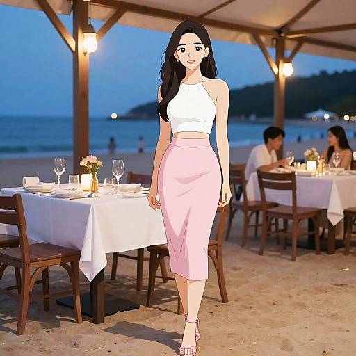 Chic Svelte Woman at Dusk Beach Dinner