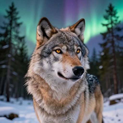 Photorealistic Silver Wolf in Aurora