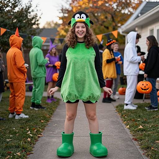 Photograph of smiling curly-haired woman in green monster costume, green boots, and googly-eyed hat, standing in front of Halloween party with costumed