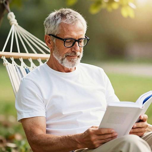 Elderly Man Reading Outdoors in Hammock