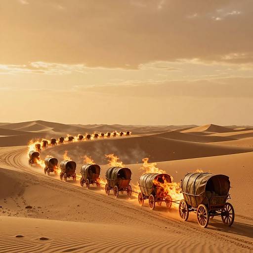 Photograph of a long caravan of fiery, wooden-wheeled carriages crossing a golden desert dune landscape at sunset. Flames illuminate the sandy path