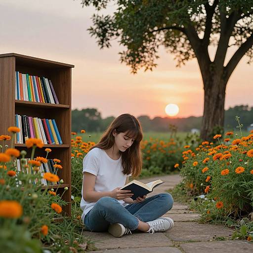 Photograph of a young woman with brown hair, wearing a white t-shirt and blue jeans, sitting cross-legged in a flower field at sunset, reading