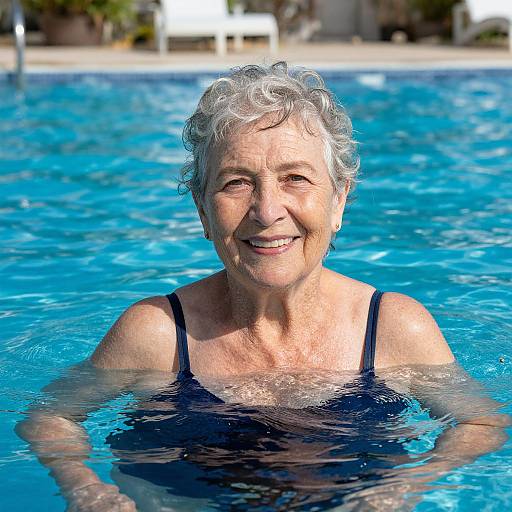 Photograph of an elderly woman with short gray curly hair, smiling in a blue swimming pool, wearing a black one-piece swimsuit.