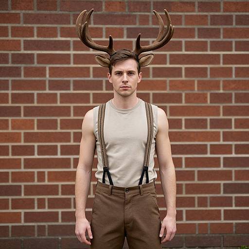 Photograph of a muscular, fair-skinned man with brown hair, wearing a white shirt, brown suspenders, and deer antlers, standing against