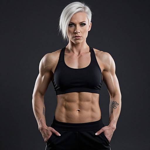 Photograph of a muscular, white-haired woman with blue eyes, wearing a black sports bra and pants, standing against a dark background. Her defined abs
