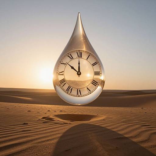 Photograph of a clear, teardrop-shaped clock with Roman numerals, standing on a desert sand dune at sunset, casting a long shadow