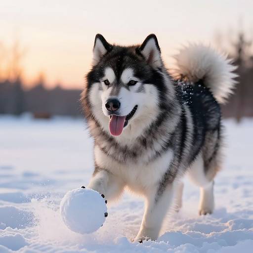 Photograph of a happy, fluffy Siberian Husky with black, white, and gray fur, playfully pouncing on a snowball in a